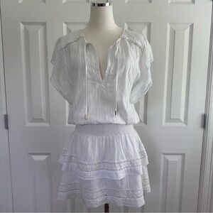 Melissa Odabash White Boho COTTON Ruffle Tiered Crochet Summer Mini Dress Size M